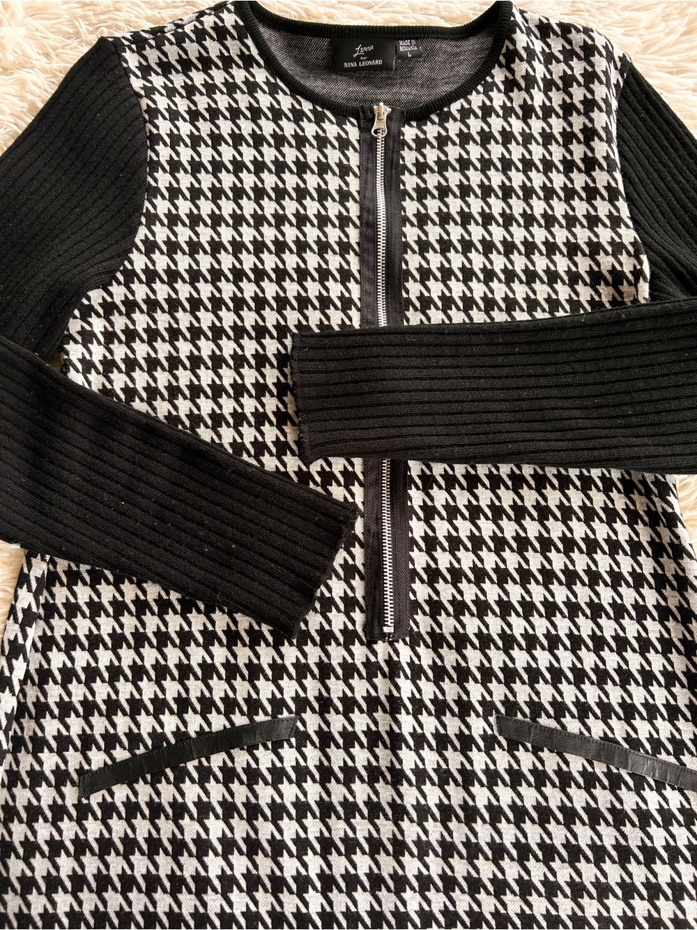 Lennie for Nina Leonard Houndstooth Zip-Front Sweater Dress - Size Large
